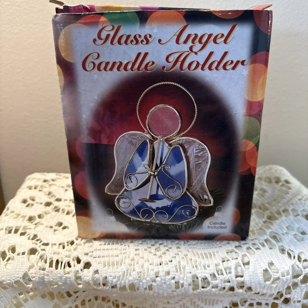 Stained Glass Angel Votive Candle Holder Tea Light Blue Christmas